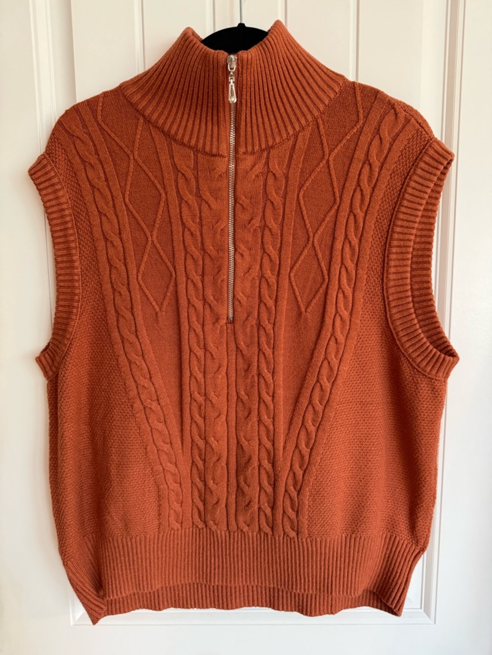 Cable Knit Sweater Vest L Rust Zip Mock Neck Chunky Fall Cozy Layering Preppy